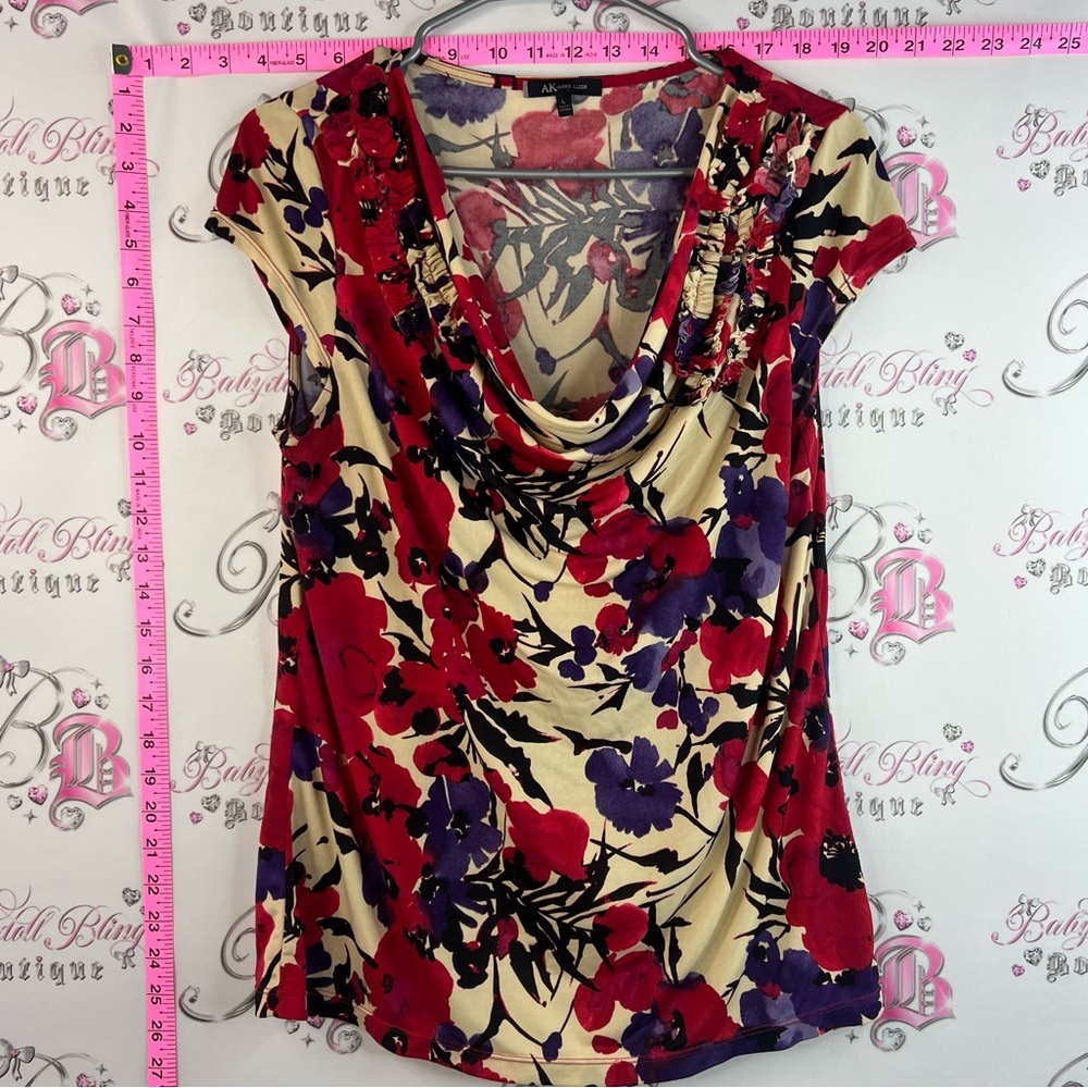 Anne Klein T-shirt Floral Cowl Neck Short Sleeve Top - Red, Purple, Cream